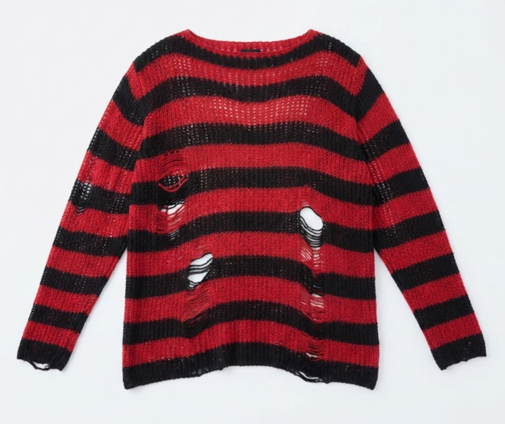 SATINIOR Women's Red & Black Striped Gothic Ripped Knit Sweater